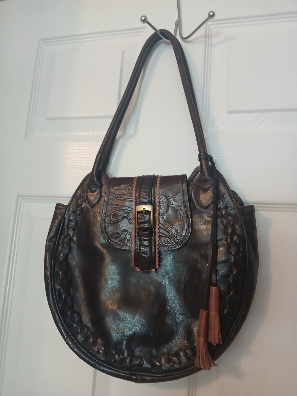 Dark Brown Leather Shoulder Bag with Tassel Accent